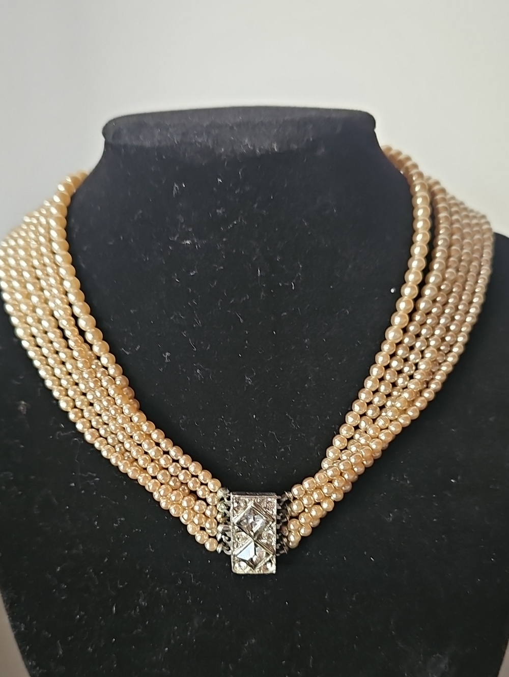 Vintage Art Deco 6 Strand Champagne Glass Pearl Necklace Rhinedtone Clasp 1940s
